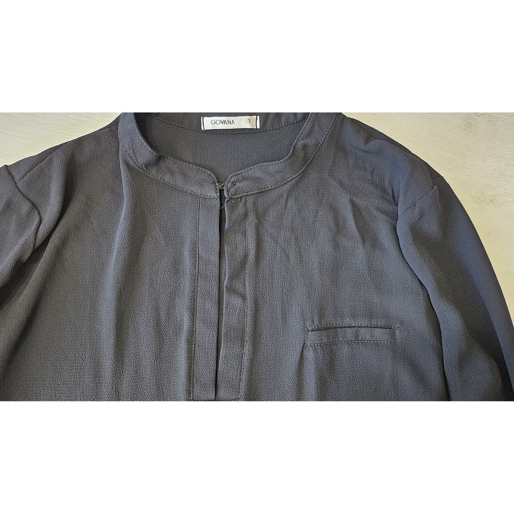 Women's Sheer Long Sleeve Blouse Govana Black Button Neck Front Pocket - Picture 8 of 11